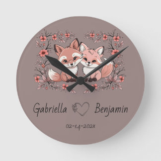 Horloge Ronde Cartoon mignon Fox amoureux Coeur Saint-Valentin