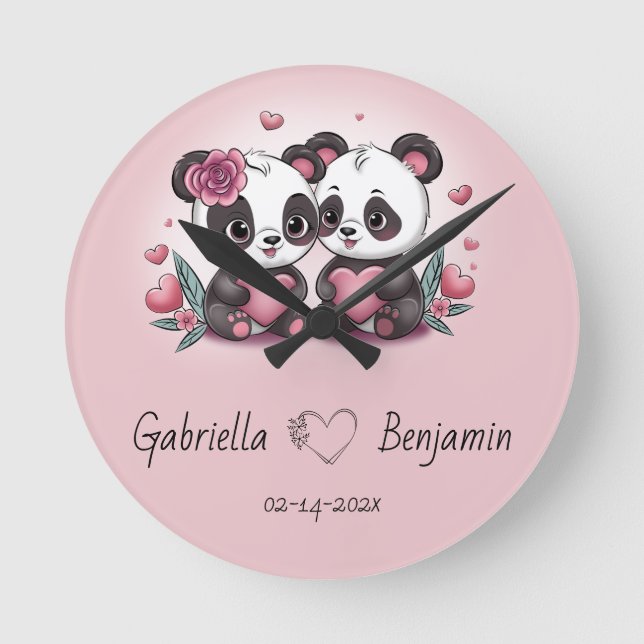 Horloge Ronde Cartoon mignon Panda amoureux Coeur Saint-Valentin (Recto)