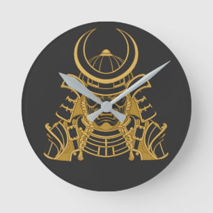 Horloge Ronde Casque de samouraï japonais en or Kabuto et masque