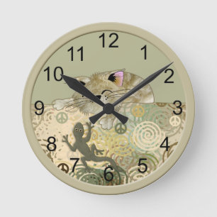 Horloge Ronde ☮ Cat et le Lizard Wall Clock