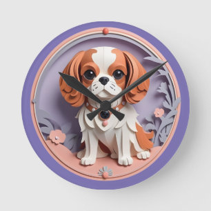 Horloge Ronde Cavalier King Charles Purple Pastel Coupe Papier
