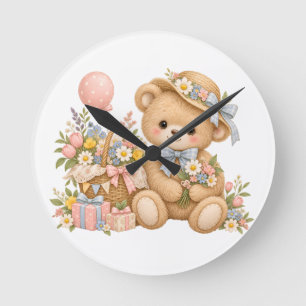 Horloge Ronde Célébration de nounours vintage avec des fleurs sa