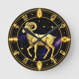 Horloge Ronde Cercle Zodiacal du Bélier Doré avec Bélier