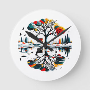 Horloge Ronde Cerf majestueux dans une forêt hivernale enneigée