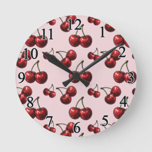 Horloge Ronde Cerises Rouges Brillantes Rétro Glam Rose