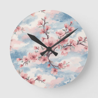 Horloge Ronde Cerisier Japonais Fleur de Cerisier Rose Bleu