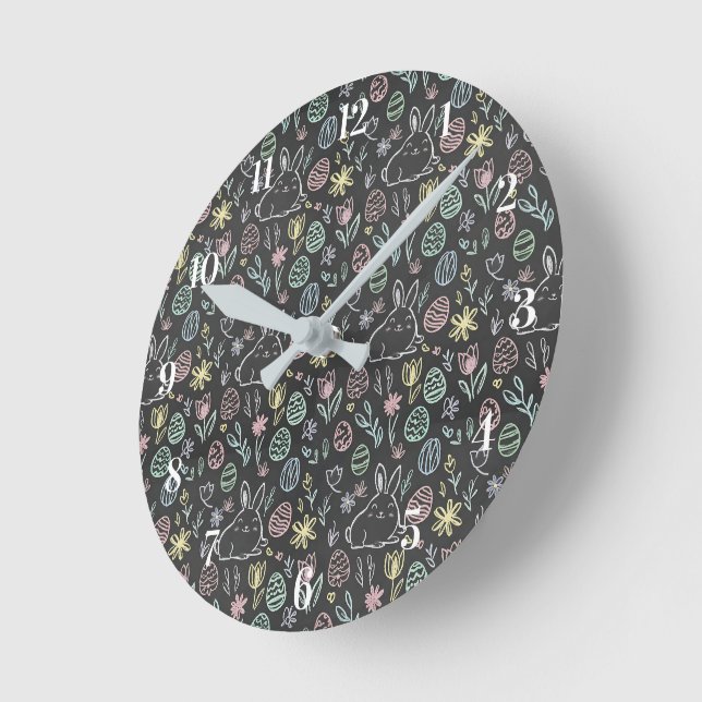 Horloge Ronde Chalkboard Easter Bunny Doodle Pattern (Angle)
