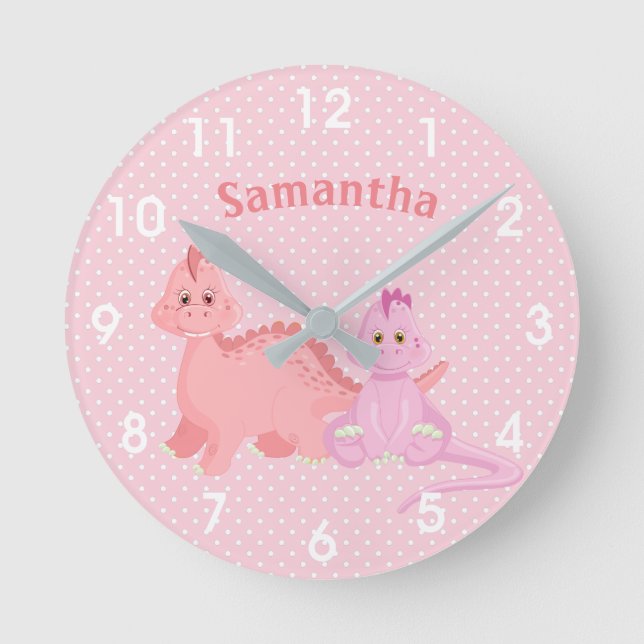 Horloge Ronde Chambre de bébé rose avec dinosaure mignon (Recto)