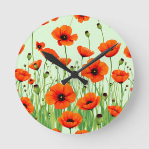 Horloge Ronde Champ de coquelicots orange vibrant aquarelle été