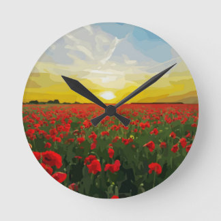Horloge Ronde Champ de pavots rouges avec lever du soleil