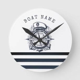 Horloge Ronde Chapeau Marin, Ancre, Roue Rayures Bleu Marine