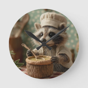 Horloge Ronde Charming and Cute Raccoon Chef Stirring a Bowl