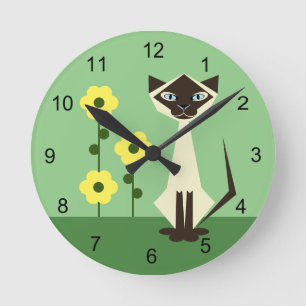 Horloge Ronde Chat assis Abstrait et cadenas rond vert fleuri