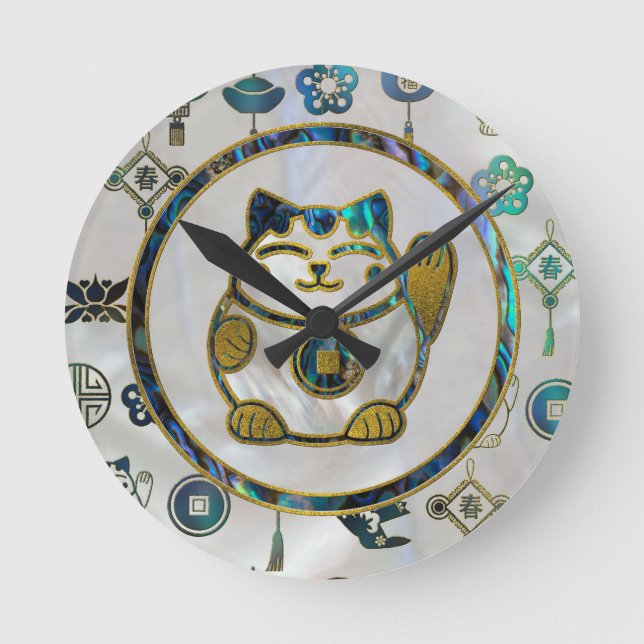 Horloge Ronde Chat chanceux de Maneki Neko sur la perle et (Recto)