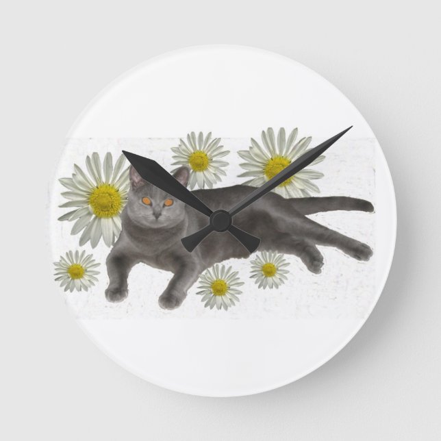Horloge Ronde Chat Chartreux avec marguerites (Recto)