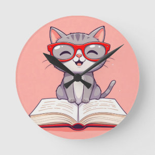 Horloge Ronde Chat de dessin animé mignon portant des lunettes