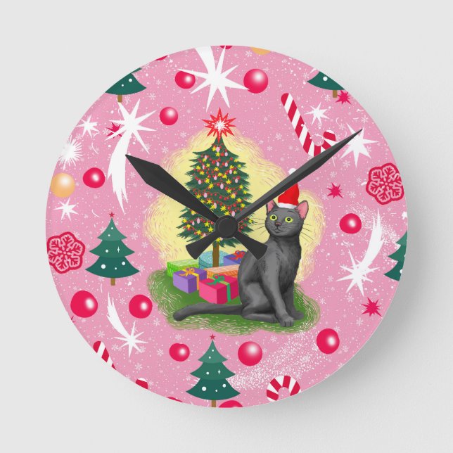 Horloge Ronde Chat de Noël rose (Recto)