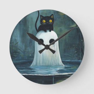 Horloge Ronde Chat d'Halloween et fantôme dans la piscine