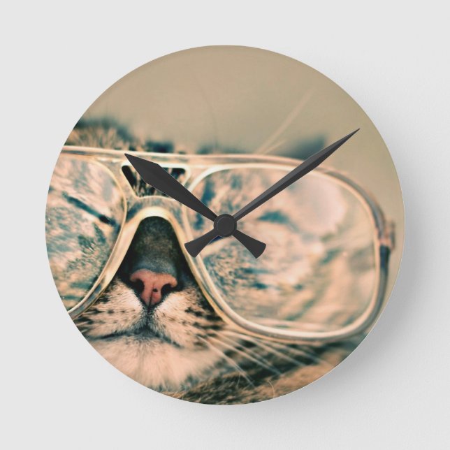Horloge Ronde Chat drôle avec lunettes (Recto)