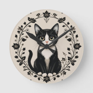 Horloge Ronde Chat élégant noir et blanc