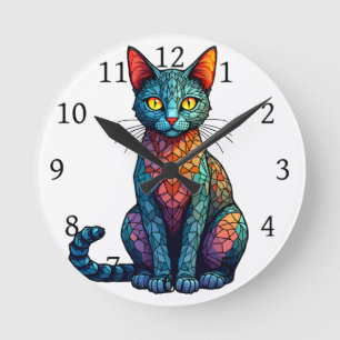 Horloge Ronde Chat en vitrail multicolore 784