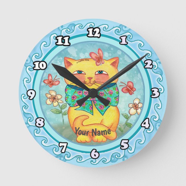 Horloge Ronde Chat Fleurs Jaunes (Recto)