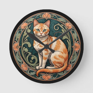 Horloge Ronde Chat Ginger Art Nouveau