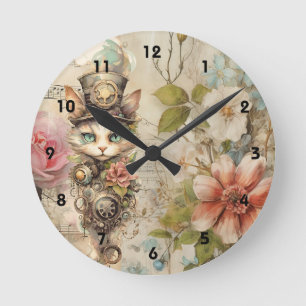 Horloge Ronde Chat grumpy steampunk collage roses en papier vint