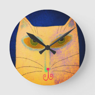 Horloge Ronde Chat jaune Art Abstrait
