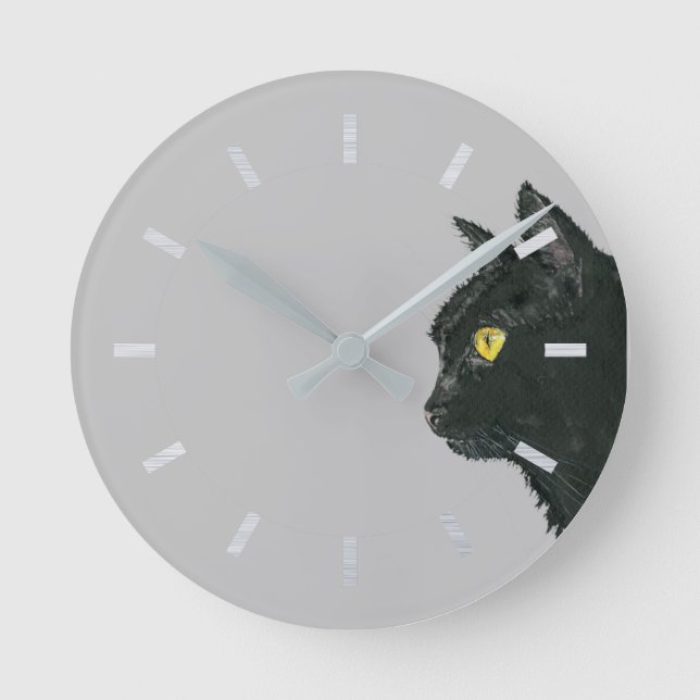 Horloge Ronde Chat noir aquarelle qui regarde (Recto)