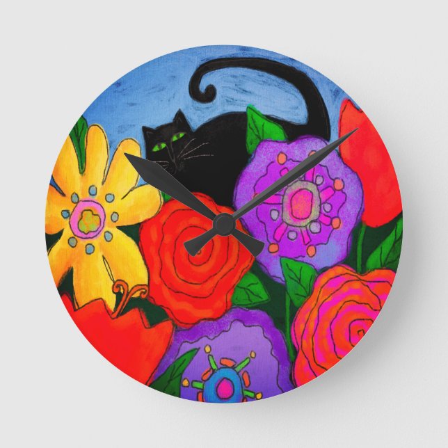 Horloge Ronde Chat noir dans l'art abstrait de jardin (Recto)