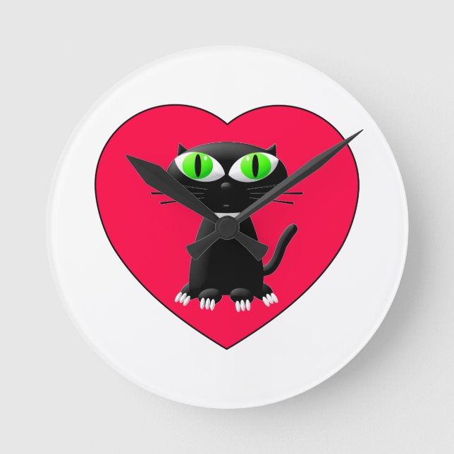 Horloge Ronde Chat noir dans le coeur rouge (Recto)