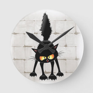 Horloge Ronde Chat noir de dessin animé drôle et féroce 