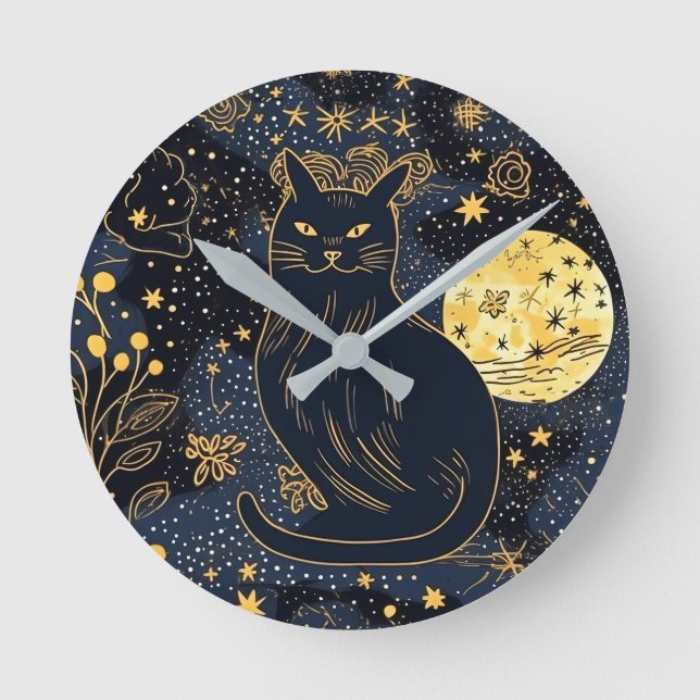 Horloge Ronde Chat noir du ciel étoilé (Recto)