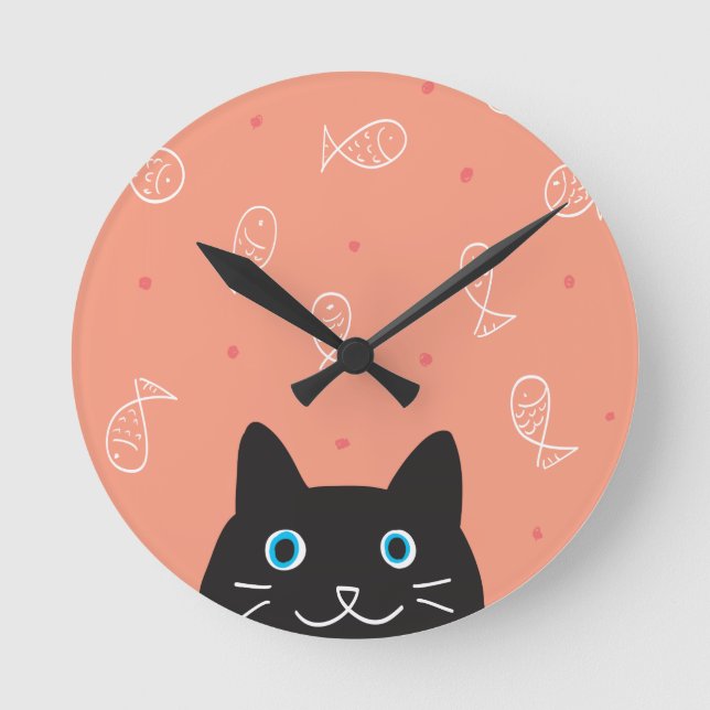 Horloge Ronde Chat noir et mural de poisson (Recto)