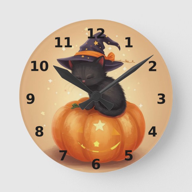 Horloge Ronde Chat noir sur l'horloge murale d'Halloween Citroui (Recto)