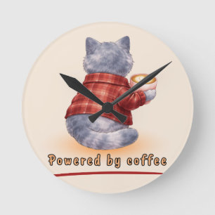 Horloge Ronde Chat "Propulsé par le Café" tenant une tasse de ca