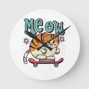 Horloge Ronde Chat qui fait du skate en miaulant