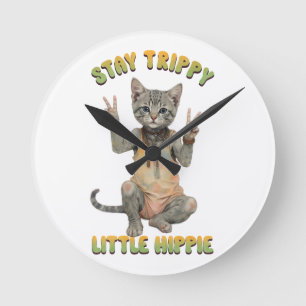 Horloge Ronde Chat tigré gris bohème reste trippy petit hippie 