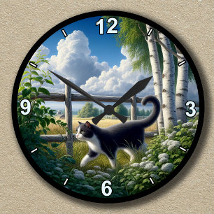 Horloge Ronde Chat Tuxedo de Campagne Personnalisable en Explora