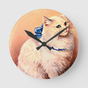 Horloge Ronde Chat vintage avec Bleu Bow