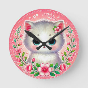 Horloge Ronde Chaton Blanc Adorable Entouré de Fleurs Roses