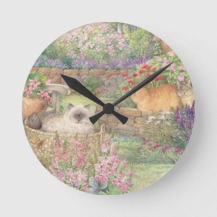 Horloge Ronde Chats illustrés dans le jardin