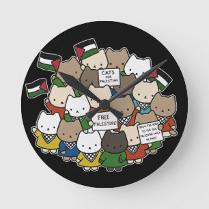 Horloge Ronde Chats pour la Palestine – Chats Kawaii pour la Jus