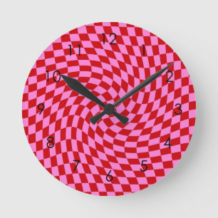 Horloge Ronde Checkered Retro Warped Red Pink