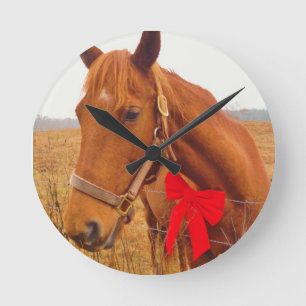 Horloge Ronde Cheval Brown Red Bow
