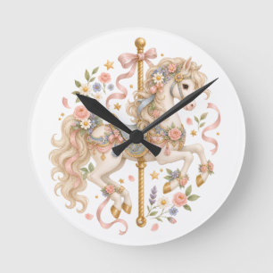 Horloge Ronde Cheval de carrousel élégant Conte de fées français