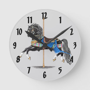 Horloge Ronde Cheval de Carrousel Noir