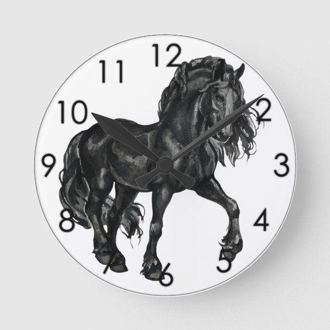 Horloge Ronde Cheval frison d'aquarelle noire caracolant (Recto)
