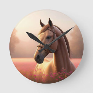 Horloge Ronde Cheval majestueux debout dans une prairie vibrante